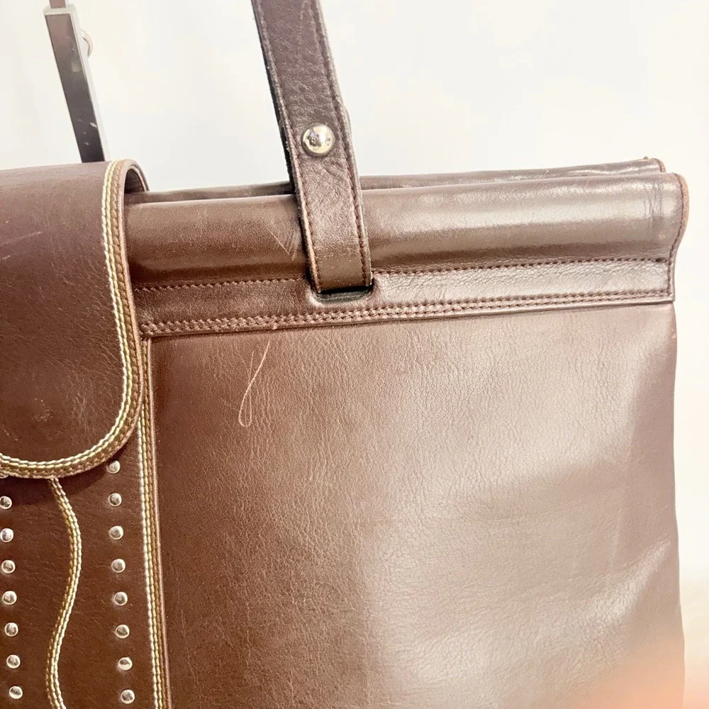 Vintage Kathi Kilburn Brown Leather Studded Tote Bag Handcrafted in Spain RARE